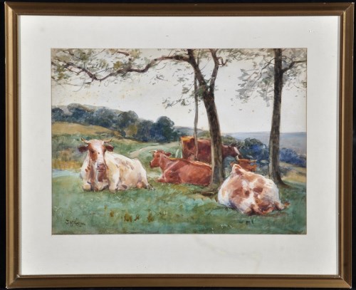 Lot 33 - John Atkinson (1863-1924) Cows resting under...