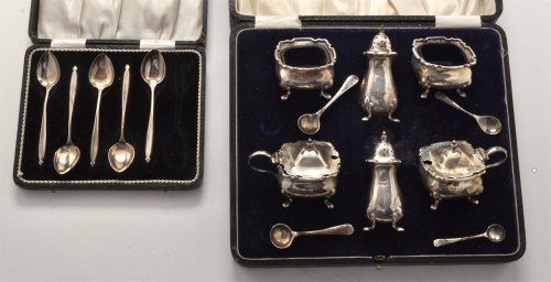 Lot 190 - A George V silver condiment set, by Adie Bros....