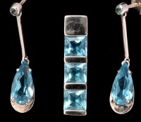 Lot 389 - A topaz pendant and earrings, the pendant set...