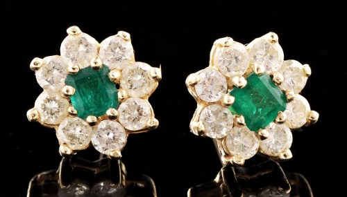 Lot 505 - A pair of emerald and diamond cluster earrings,...