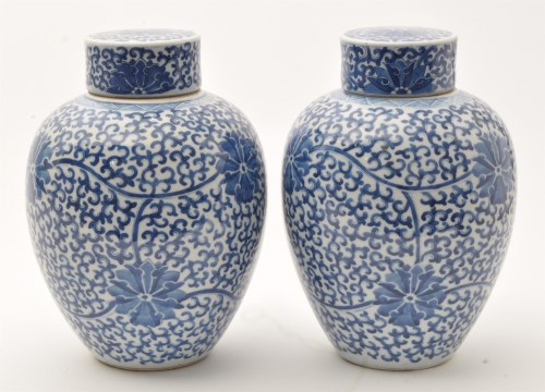 Lot 566 - Pair of Chinese blue and white jars and covers,...