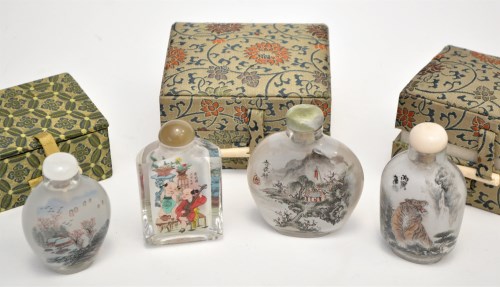 Lot 625 - Four Chinese interior painted glass snuff...