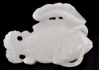 Lot 631 - Chinese white jade fish and lotus leaf carving,...