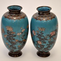 Lot 645 - Pair of Japanese cloisonne vases, each with...