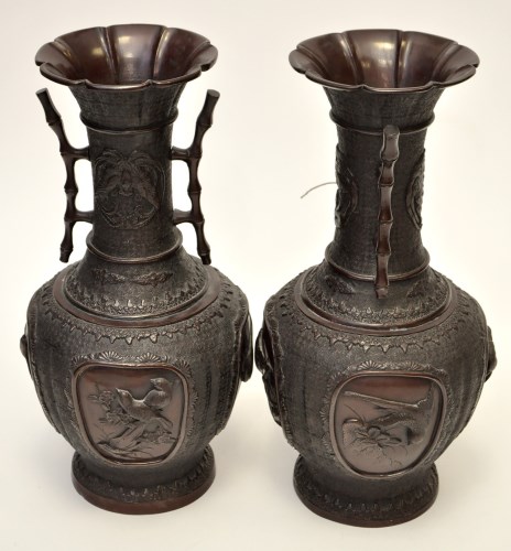 Lot 646 - Pair of Japanese bronze vases, slight pear...