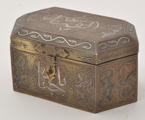 Lot 651 - 'Silver Metal' and copper inlaid brass casket...