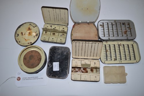 Lot 26 - Six black japanned fly boxes, five are Hardy...