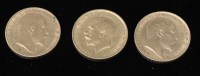 Lot 95 - Three gold half sovereigns, dated 1906, 1909...