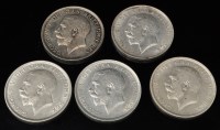 Lot 375 - Five George V half crowns, 1911 proof, 1912,...