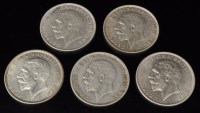 Lot 378 - Five George V half crowns, 1921 proof, 1928,...