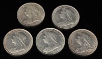 Lot 383 - Five Queen Victoria florins, 1893, 1897, 1899,...