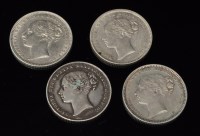 Lot 411 - Four Queen Victorian shillings, to include;...