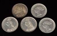 Lot 422 - Five Queen Victoria sixpences, 1886, 1887,...