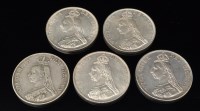 Lot 439 - Five Queen Victoria double florins, with...