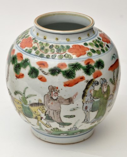 Lot 10 - Chinese polychrome ovoid jar, with travellers...