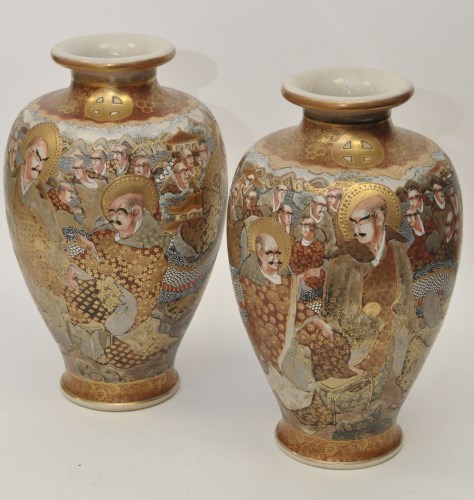 Lot 72 - Pair of Japanese Satsuma vases, of pear shape...