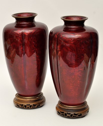 Lot 82 - Pair of Japanese Ginbari enamel vases, lobed...
