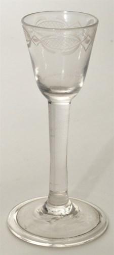 Lot 93 - Engraved plain stem wine glass, round funnel...
