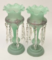 Lot 96 - Pair of green glass table lustres, with 'Art...