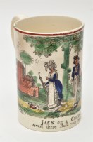 Lot 105 - Coloured printed creamware mug of 'North East'...
