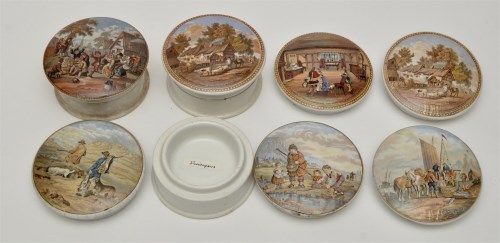 Lot 134 - Seven colour printed Prattware pot lids, with...