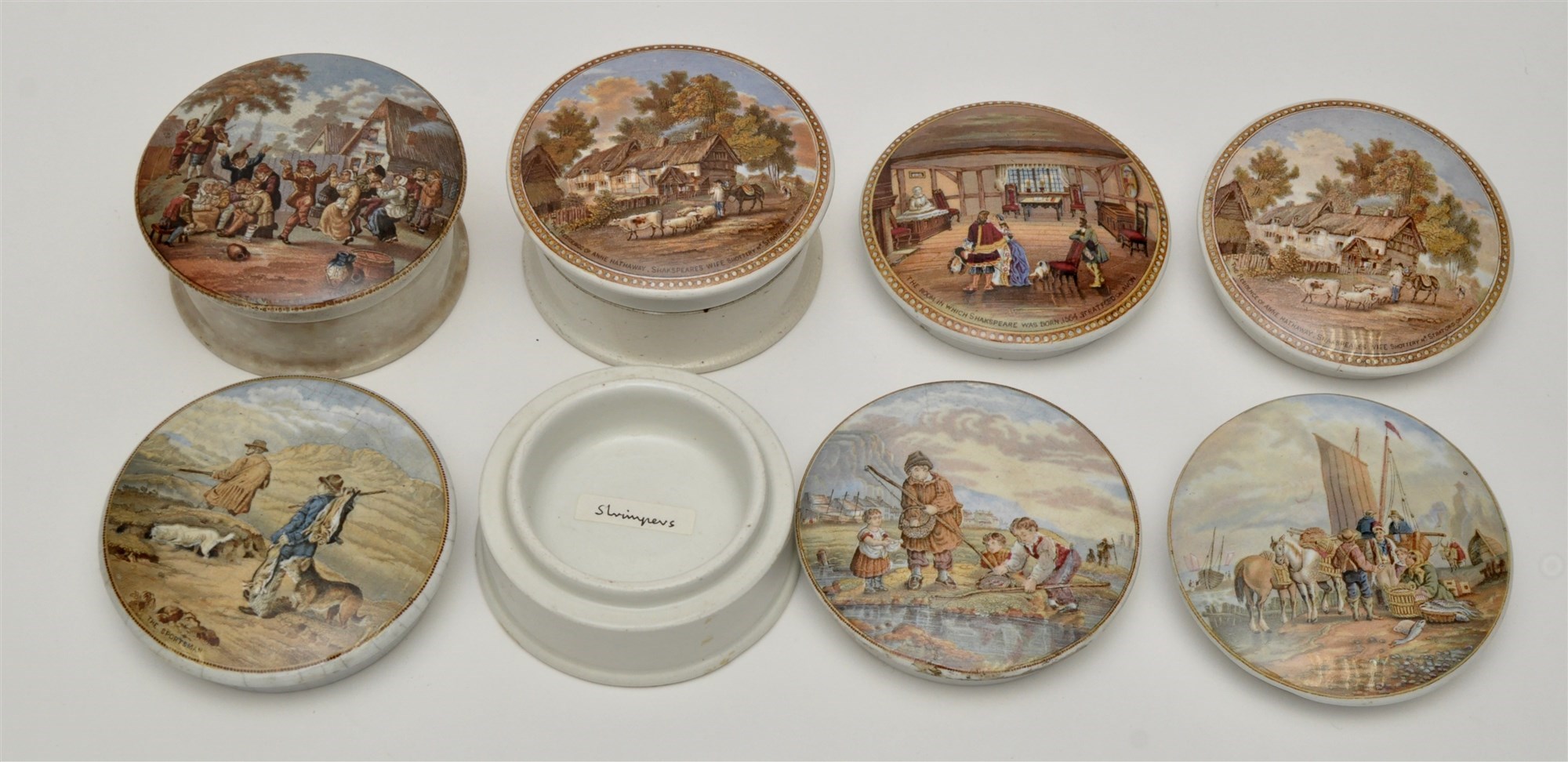 Lot 134 Seven colour printed Prattware pot lids,