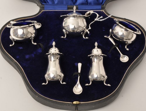 Lot 435 - A George V silver condiment set, by Fattorini...