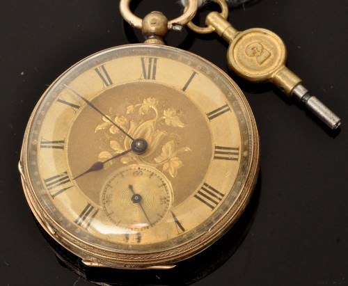 Lot 494 - A 14k open-faced pocket watch, with gilt roman...