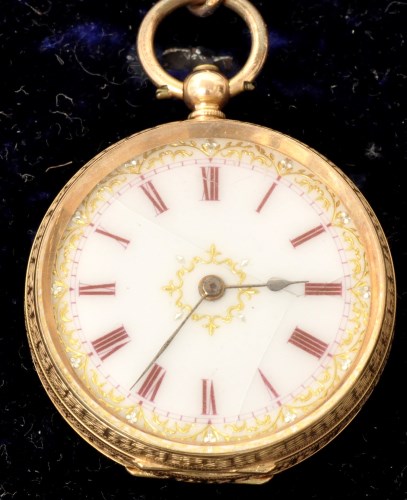 Lot 505 - A ladies 14k fob watch with enamelled roman...