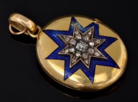 Lot 577 - A diamond, blue enamel and yellow metal locket...