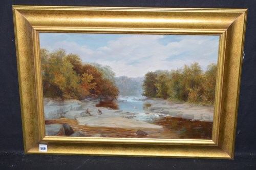 Lot 569 - An oil painting - river scene with fishermen,...