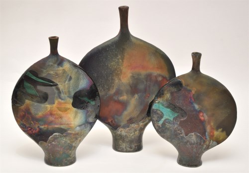 Lot 1099 - David Cohen: three Raku vases, of circular...