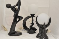 Lot 1107 - Two Art Deco style black pottery table lamps...