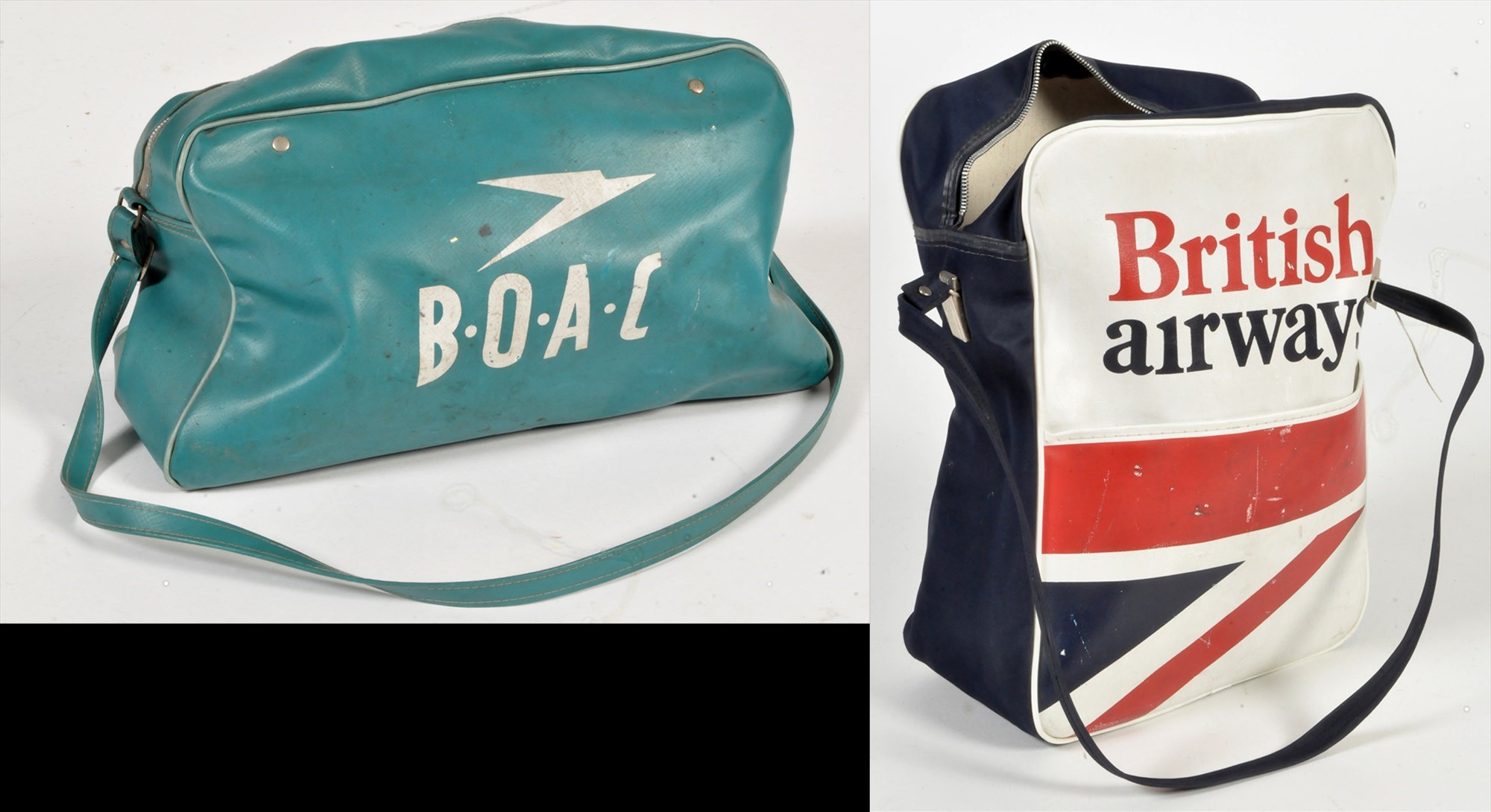 A BOAC flight bag and a vintage Twinlock file box with key