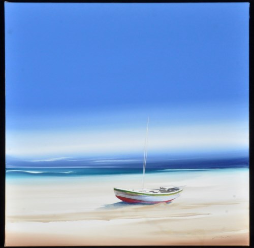 Lot 1162 - Jonathan Shaw - a sailing dinghy on a beach,...