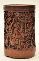 Lot 44 - Chinese bamboo bitong, carved with figures...