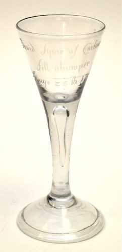 Lot 59 - Engraved plain stem wine glass, the stem with...