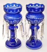 Lot 60 - Pair of blue overlay glass table lustres,...