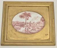 Lot 128 - Oval earthenware 'pastoral' panel, painted in...