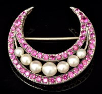 Lot 649 - A ruby and pearl crescent pattern brooch,...