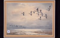 Lot 137 - Cecil Hodgkinson - geese in flight over an...