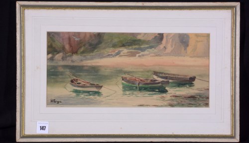 Lot 147 - William Fergie - three boats in a cove, signed,...