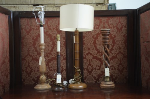 Lot 37 - A turned oak candlestick style table lamp; two...