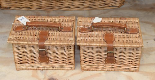 Lot 77 - Two small wicker lunch baskets, with leather...