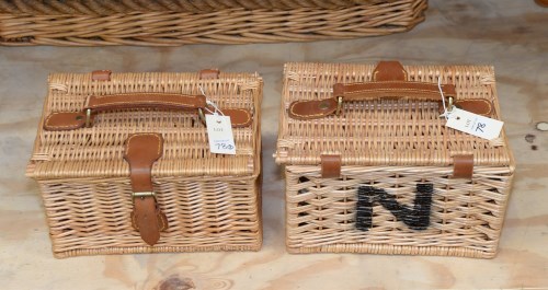 Lot 78 - Two small wicker lunch baskets, with leather...