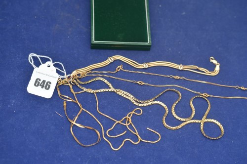 Lot 646 - Two 9ct. yellow gold fine link chains, 7.1grms;...