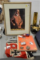 Lot 625 - German WWII items (some replica) to include flag, book, medals an framed picture of Hitler