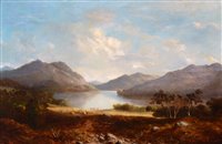 Lot 309 - A highland loch with farm workers stacking corn in the foreground