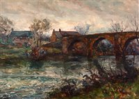 Lot 413 - River landscape with cottages by a bridge.