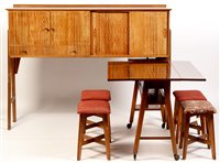 Lot 1093 - Manner of Gordon Russell: sideboard unit/dining table; and four stools.